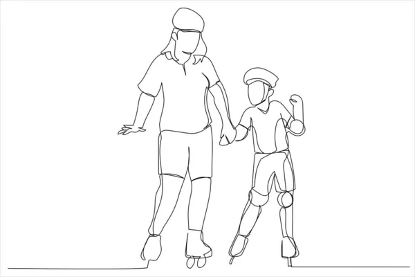 Cartoon Dad His Little Daughter Rollerblades Skates Single Continuous Line — Archivo Imágenes Vectoriales