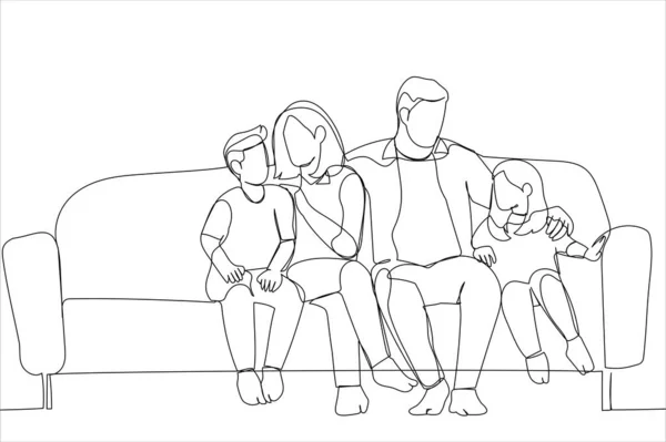 Cartoon Affectionate Young Parents Relaxing Sofa Cuddling Small Children Continuous — Vettoriale Stock