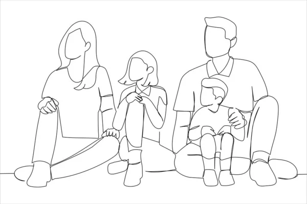 Illustration Happy Family Two Kids Playing New Home One Line — Stockvektor