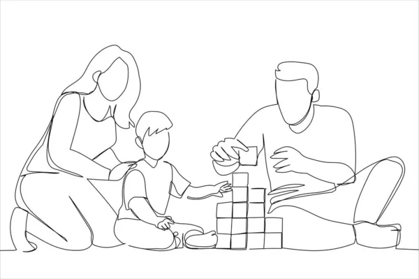 Cartoon Young Mom Dad Child Building Tower Blocks Sitting Warm — Vettoriale Stock