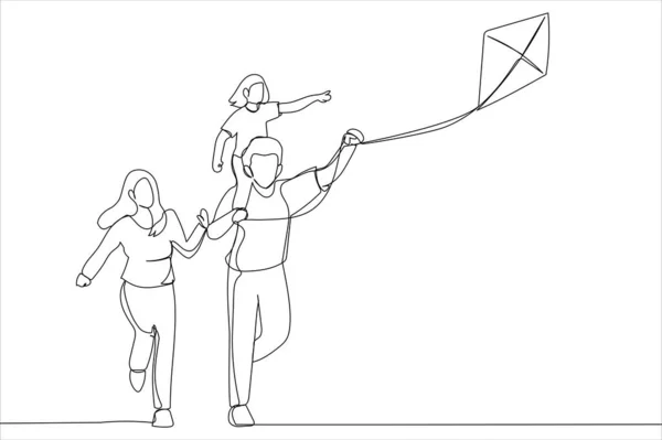 Cartoon Happy Family Father Mother Child Daughter Launch Kite Nature — Archivo Imágenes Vectoriales