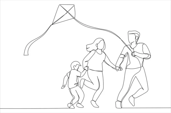 Illustration Father Mother Kid Flying Kite Outdoor One Line Art — Stockvektor