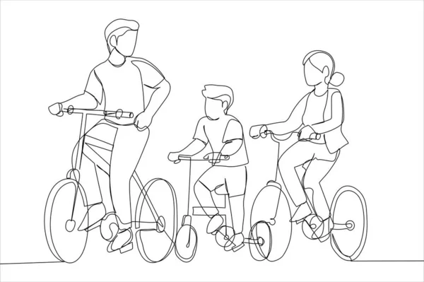 Cartoon Family Father Mother Teaching Son Ride Bicycle Park Single — Archivo Imágenes Vectoriales
