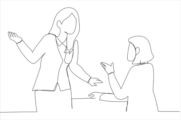 Business Woman Discussing Office Desk One Line Art Style — Stock vektor