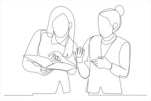 Businesswomen Discussing Looking Documents One Continuous Line Art Style — Stockvector