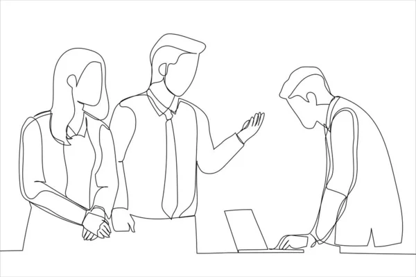 Business Teams Coworkers Discussing Ideas Single Line Art Style —  Vetores de Stock