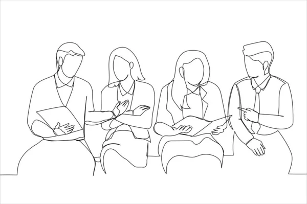 Businessmen Women Sit Meeting Continuous Line Art — Stockový vektor