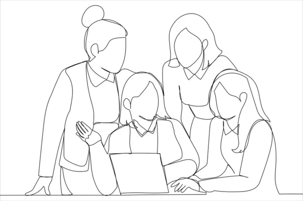 Female Team Collaborate Office Interacting Brainstorming One Line Style Art —  Vetores de Stock