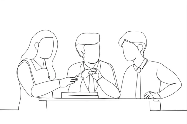Cartoon Business People Discuss Deal Continuous Line Art Style — 스톡 벡터