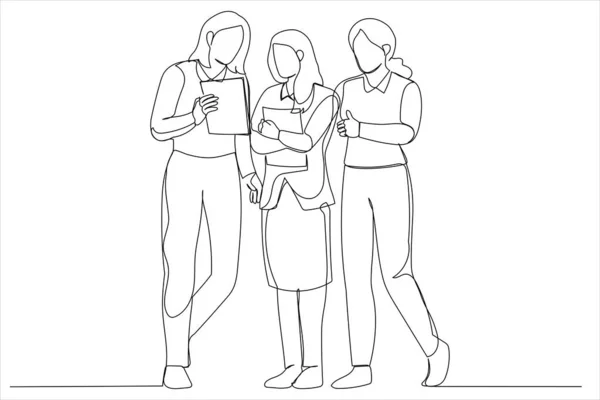 Businesswomen Discussing Paperwork Railing Single Continuous Line Art — Stockvektor
