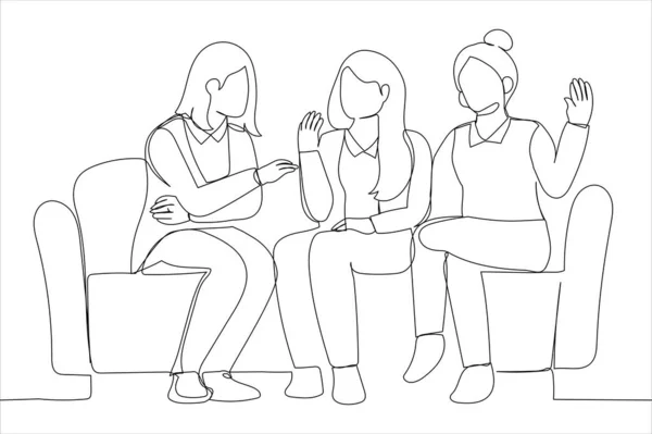 Girls Friends Laughing Sit Sofa Cozy Warm Room Chatting Take —  Vetores de Stock