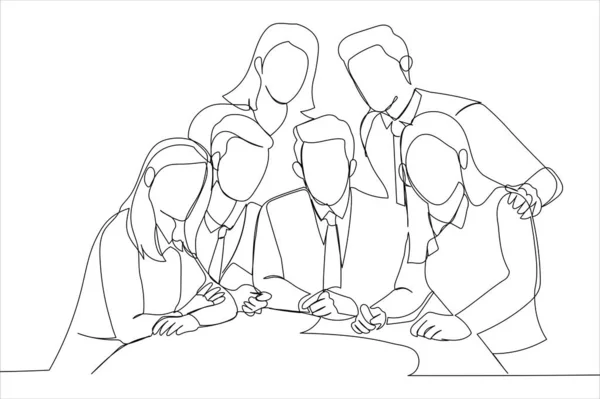 Business Team Posing Grouped Manager One Line Art Style — Vetor de Stock