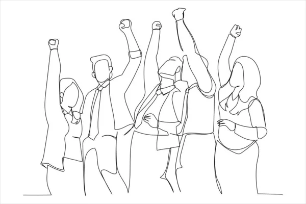 Group Huddle High Five Hands Together Single Line Art Style — Vetor de Stock