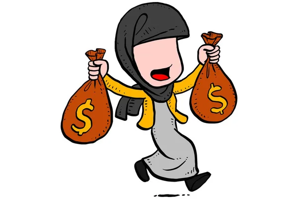 Asian Muslim Business Woman Delivering Money Bags Concept Wealth — Vector de stock