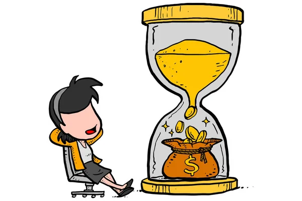 Business woman looking her gold sand hourglass turning time to become gold coin.