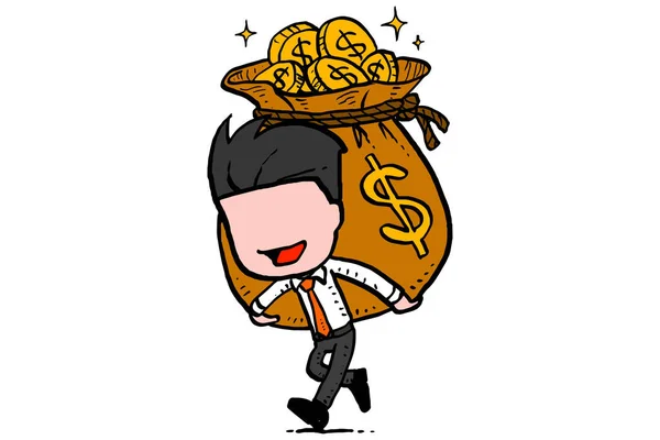 Happy Businessman Carrying Big Money Bag Concept Reward Compensation Benefit — Stock vektor