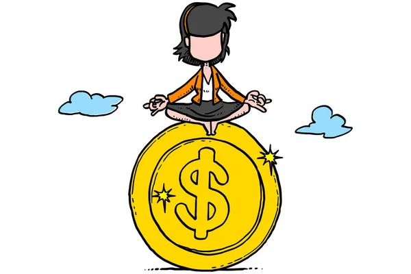 Business Woman Sitting Top Gold Coin Concept Money Wealth Management — 图库矢量图片