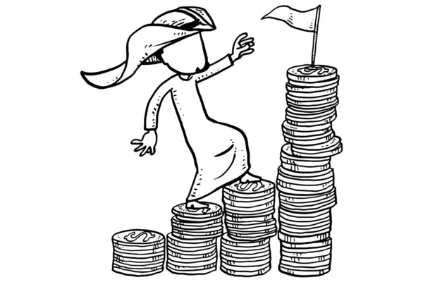 Arab Businessman Walking Stack Gold Coin Monetary Achievement Concept — Vector de stock