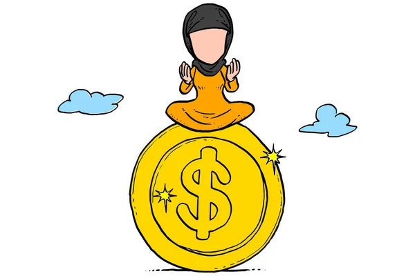 Asian Muslim Woman Sitting Big Gold Dollar Coin Concept Salary — Wektor stockowy