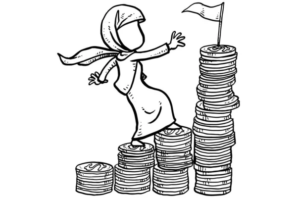 Asian Muslim Business Woman Step Climbing Money Stack Reaching Ideal — Vector de stock