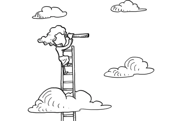 Business woman using ladder using telescope searching business opportunities.
