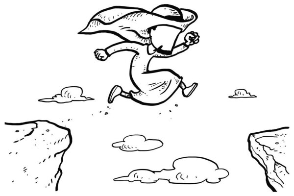 Arab business man jump through the gap between hill. Man jump over cliff. Cartoon vector illustration design