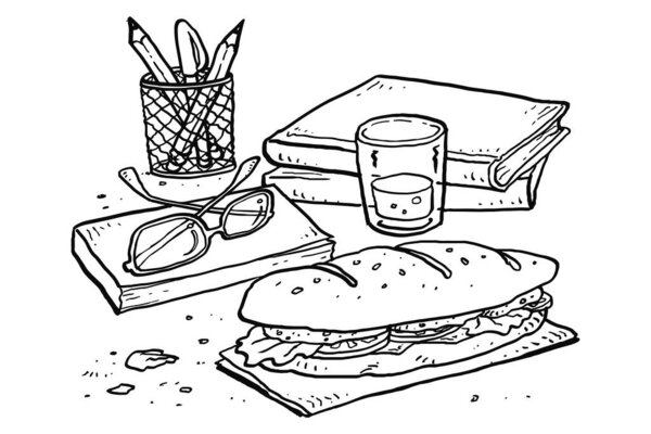 Food on office desk. Sandwich with ham, cheese, salad and tomatoes on work place. Cartoon vector illustration design