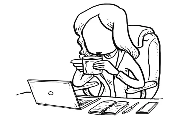 Relax Business Woman Sipping Coffee Her Desk Morning Cartoon Vector — Vector de stock