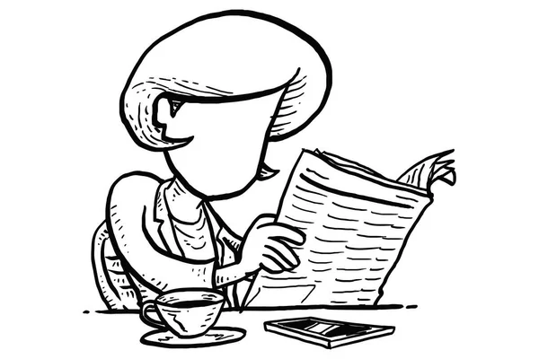 Young Business Woman Reading Newspaper Coffee Break Cartoon Vector Illustration — стоковый вектор