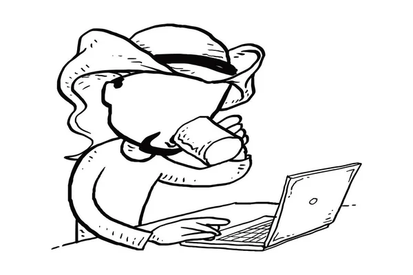 Arab Businessman Sipping Coffee His Desk While Browsing Internet Cartoon — Vector de stock
