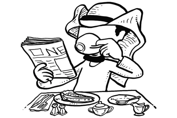 Arab Businessman Reading Newspaper While Sipping Coffee Eating Breakfast Cartoon — стоковый вектор