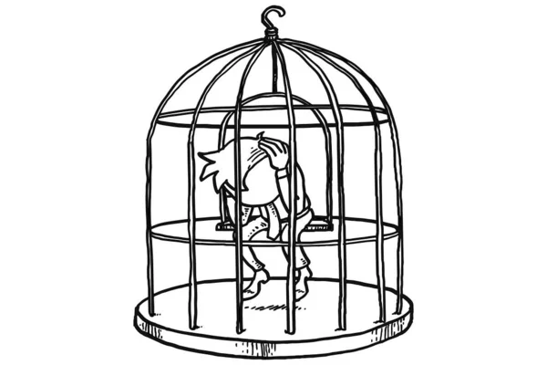Depressed Man Locked Bird Cage Concept Unfulfill Life Cartoon Vector — стоковый вектор