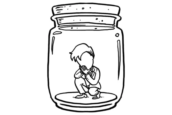 Sad Depressed Businessman Trapped Jar Cartoon Vector Illustration Design — стоковый вектор
