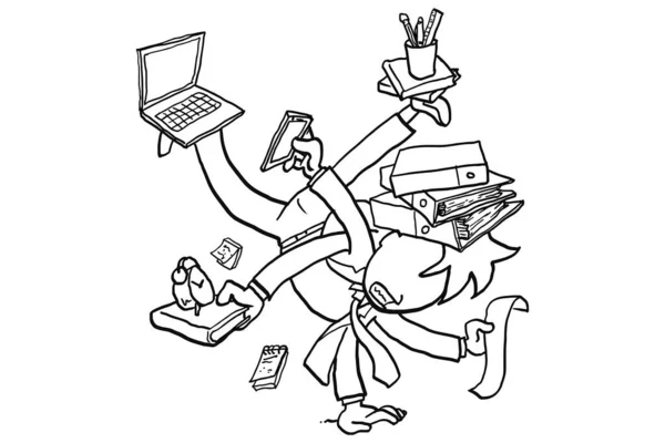 Young Businessman Manage Everything Multi Tasking While Facing Deadline Cartoon — Image vectorielle