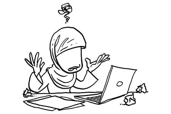 Muslim Business Woman Annoyed Because Laptop Error Hand Drawn Vector — Image vectorielle