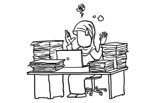Muslim Woman Exhausted Because Tons Finance Work Concept Workload Cartoon — ストックベクタ