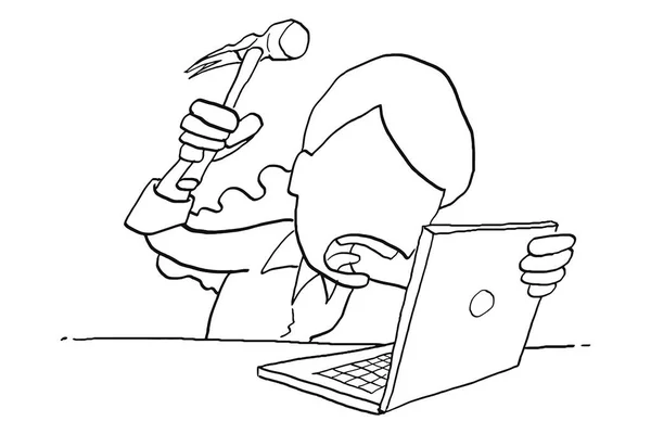 Stress Female Worker Get Angry Want Hammer Laptop Cartoon Vector — Vetor de Stock