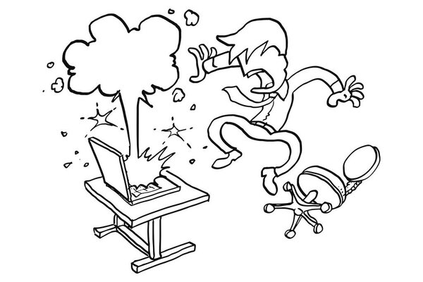 Businessman shocked and jumped from his chair because his laptop exploded. Cartoon vector illustration design