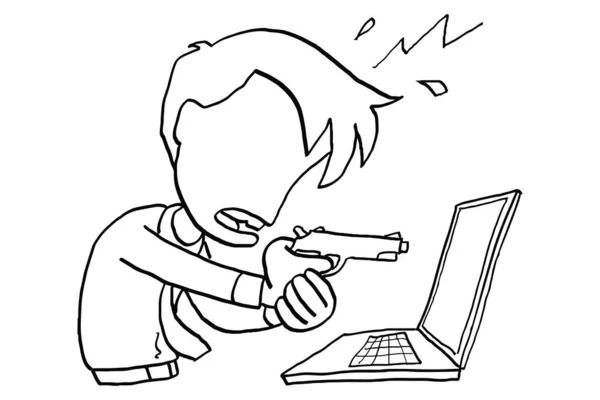 Pissed Worker Getting Angry Pointing Gun Laptop Concept Overwhelmed Work — Stock vektor