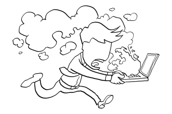 Overworked Stress Businessman Running Rescuing His Burned Laptop Cartoon Vector — Διανυσματικό Αρχείο