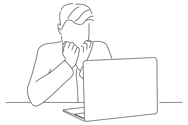 Cartoon Scared Nervous Businessman Sitting Cafe Working Online Nail Biting — 图库矢量图片