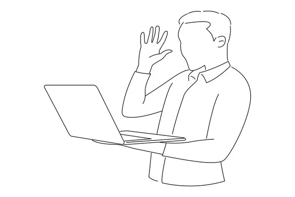 Drawing Shocked Business Man Raising Arm Expressing Fear While Working — Vetor de Stock