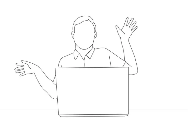 Cartoon Shocked Man Surprised Bounce Wall Looking Laptop Line Art — Vetor de Stock