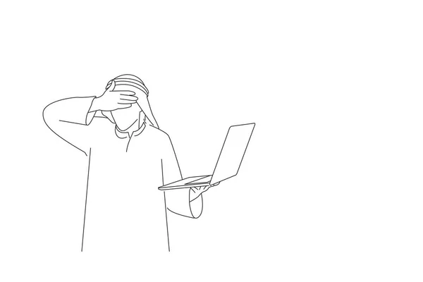 Cartoon Arab Investor Holding Hand Looking Laptop Oneline Art Drawing —  Vetores de Stock