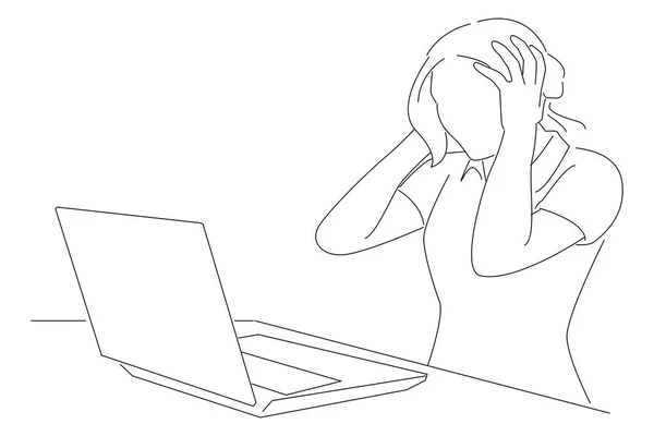 Cartoon Attractive Woman Working Office Laptop Shock Screams Grabs His — Stockvektor
