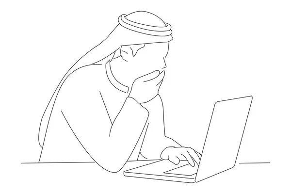 Illustration Arabian Business Man Looking Shocked His Computer Outline Drawing — Stockvektor