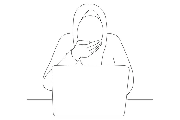Drawing Muslim Businesswoman Wearing Hijab Shocked Stunned Looking Laptop — Stock Vector