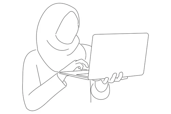 Illustration Beautiful Muslim Woman Wearing Hijab Using Laptop Line Art — 图库矢量图片