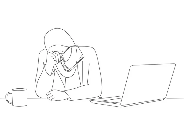 Illustration Stressed Muslim Business Woman Take Glasses Her Face Crying — Διανυσματικό Αρχείο