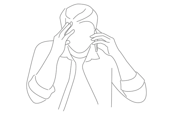 Drawing Stressed Business Man Holding Cellphone Conversation Feeling Displeased — Stockvector